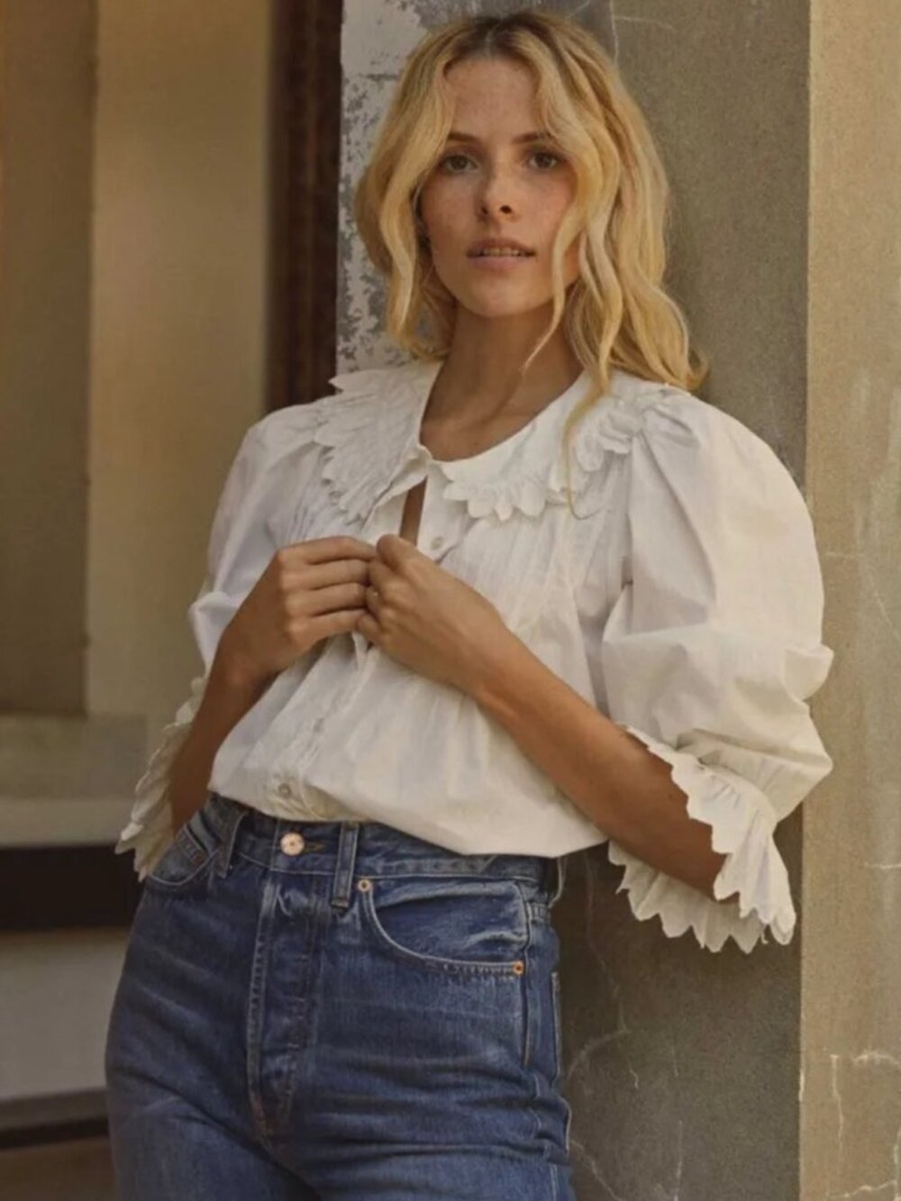 Doen Hickory Blouse Medium Powder White Ruffle Organic Cotton Top
